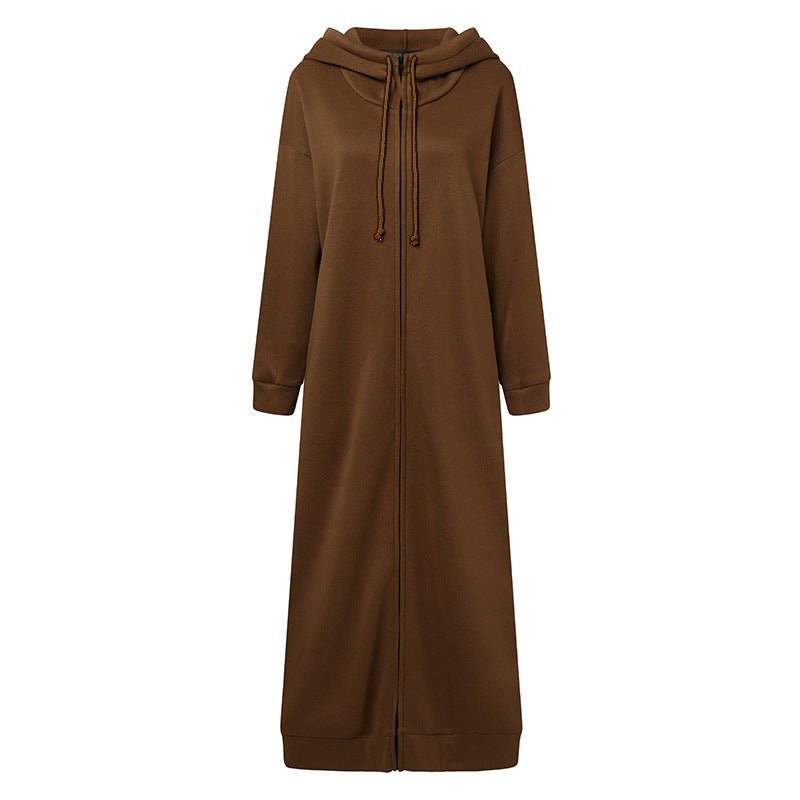 Brown zip-up hooded maxi dress robe with drawstring hood and long sleeves