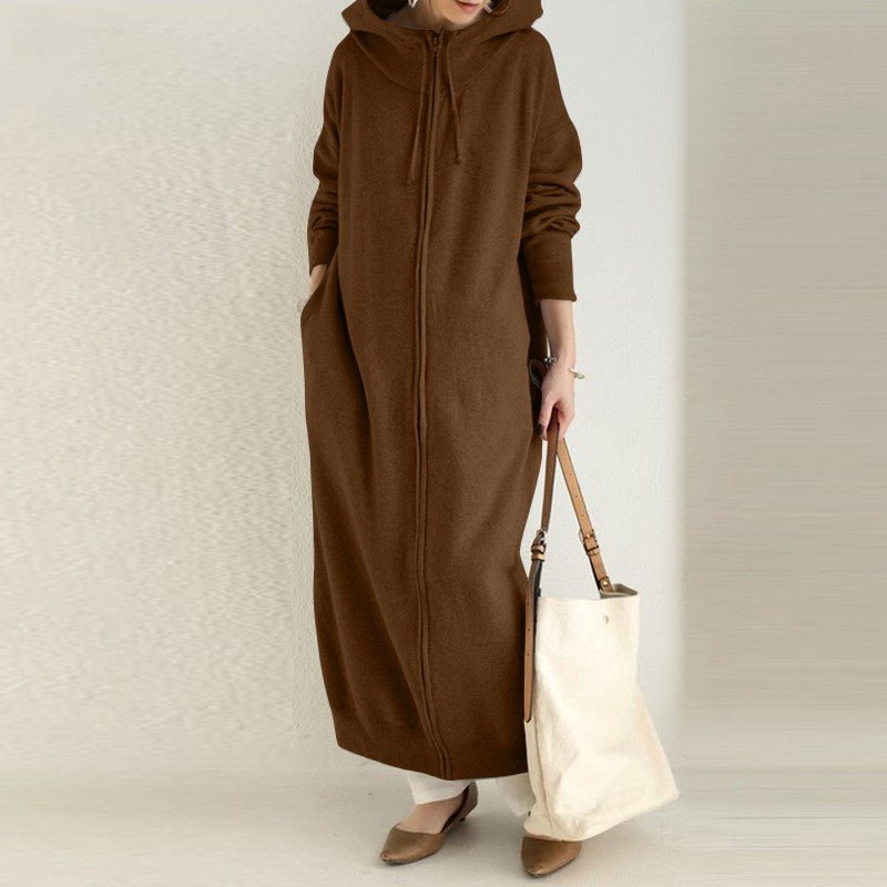 Brown hooded zip-up maxi dress with drawstring hood and full-length zipper