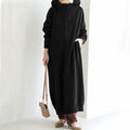 Black hooded zip-up maxi dress with full front zipper and long sleeves