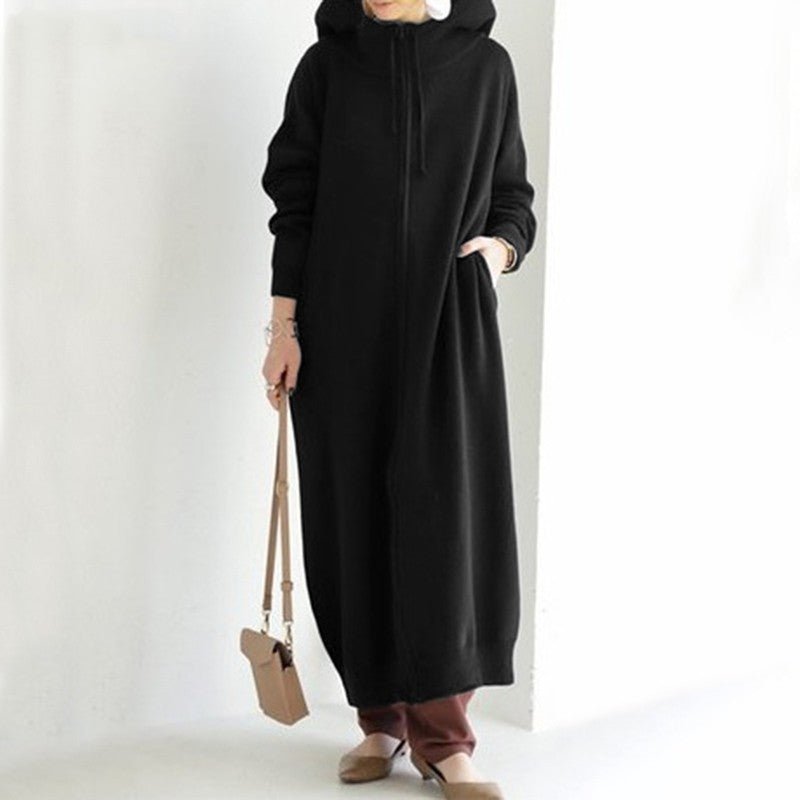 Black hooded zip-up maxi dress with full front zipper and long sleeves
