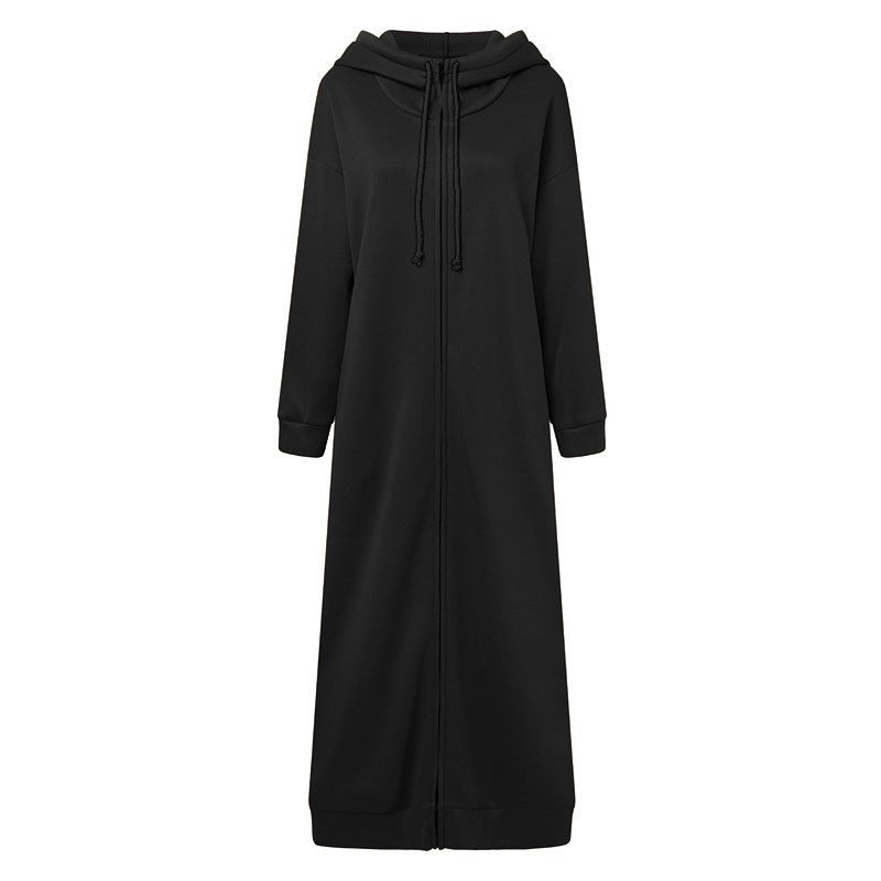 Black zip-up hooded maxi dress robe with drawstring hood and long sleeves