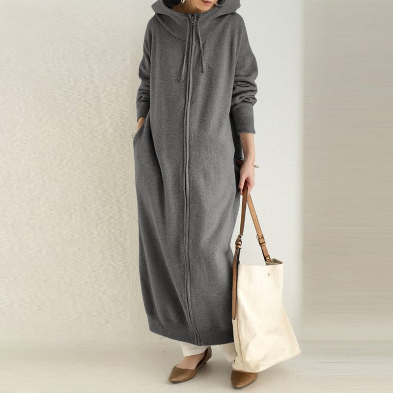 Charcoal grey zip-up maxi robe dress with hood, drawstrings, and front pockets