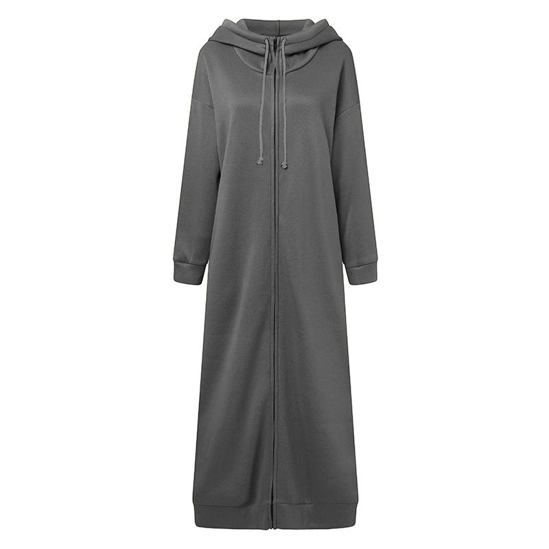 Grey zip-up hooded maxi dress robe with drawstring hood and long sleeves