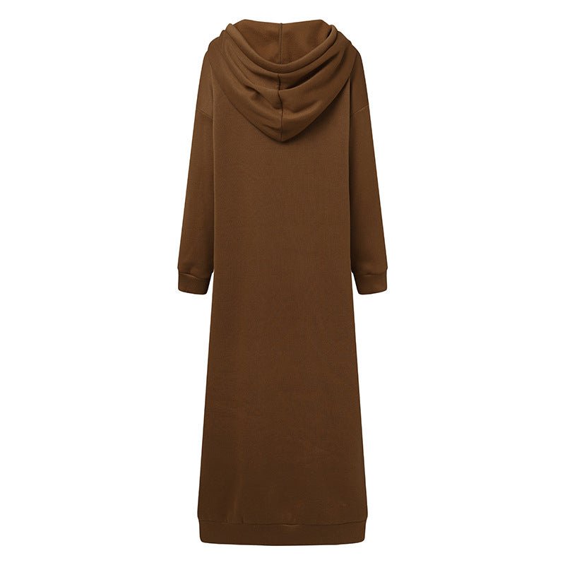 Brown zip-up hooded maxi dress robe, back view with drawstring hood