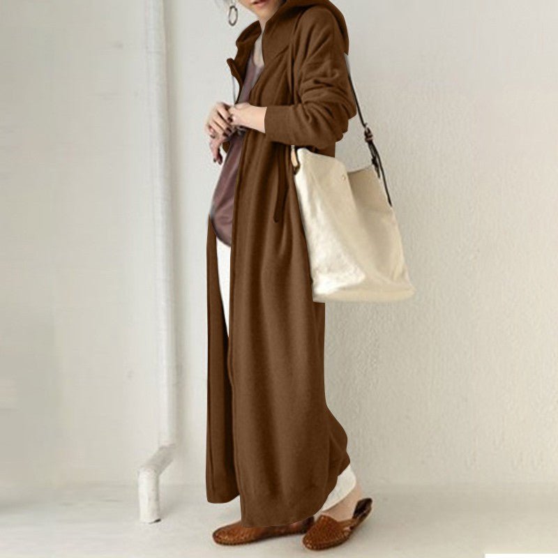 Brown zip-up maxi robe dress with hood, side profile, long sleeves and front zipper