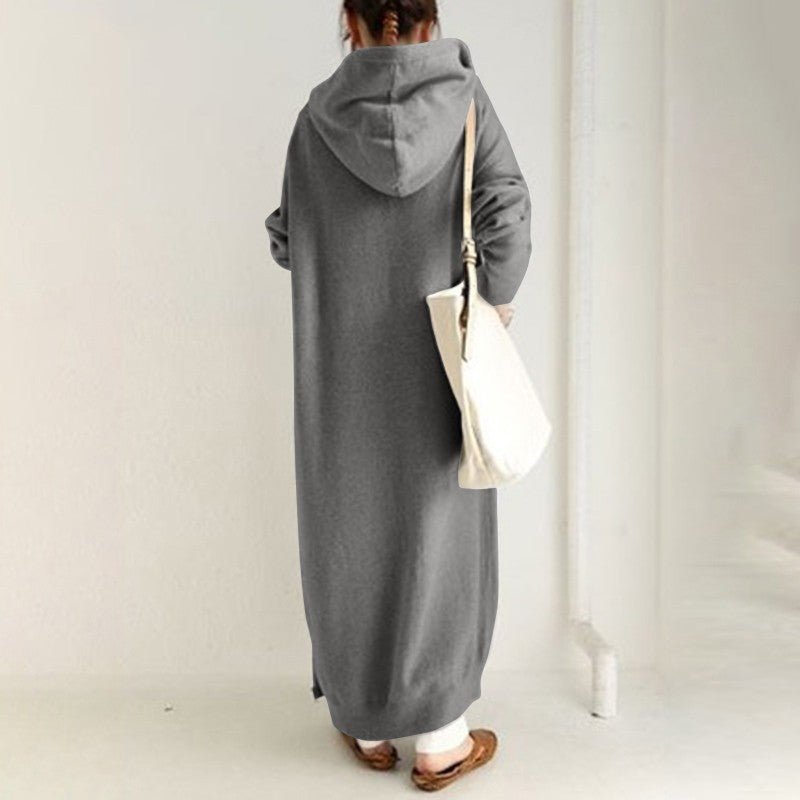 Dark grey zip-up maxi robe dress with hood, back view, long sleeves and side pockets