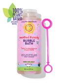 Pink bubble bath bottle with flip-top cap, suncircle label, 13 fl oz.