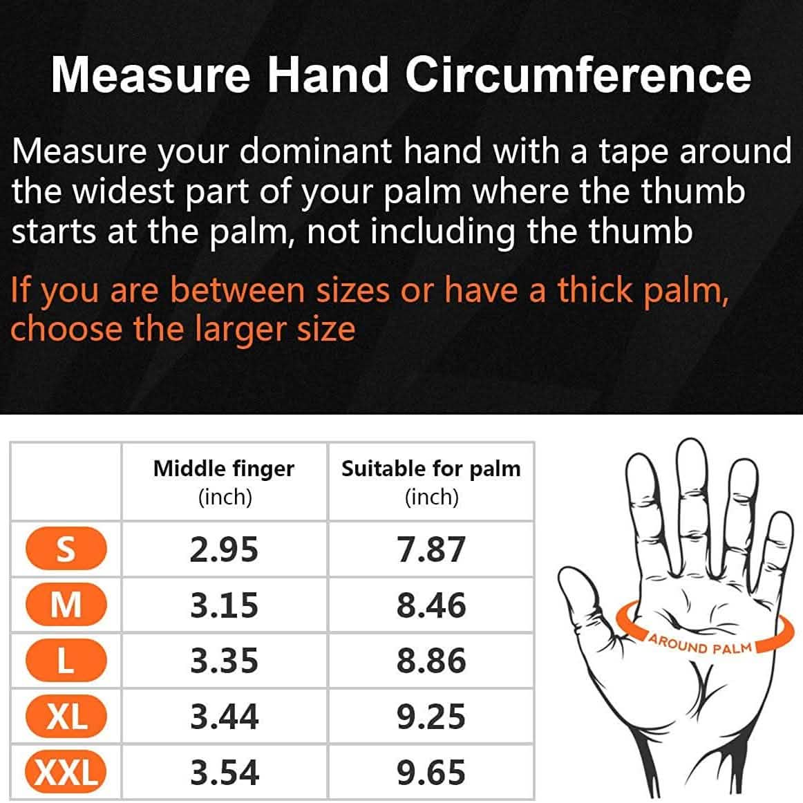 Glove sizing chart with palm circumference and finger-length measurements