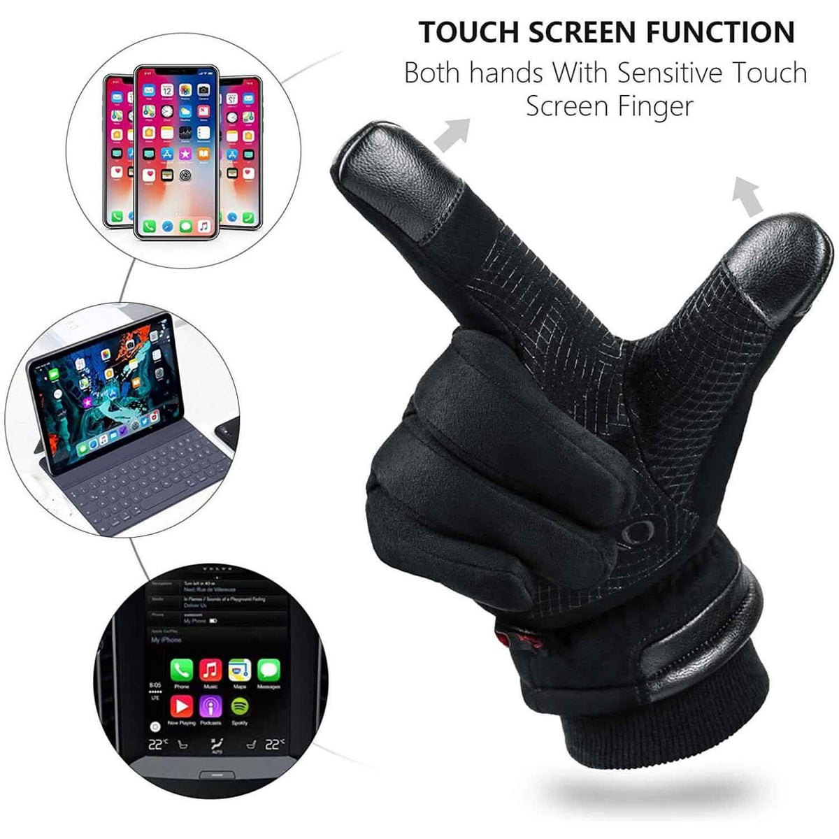 Black touchscreen winter gloves with screen-finger tip and padded knuckles