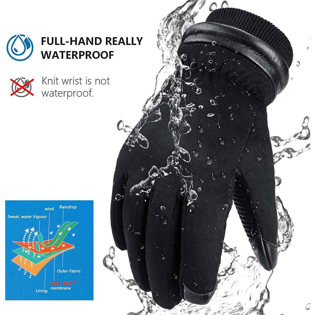 Black waterproof winter gloves with sealed seams and visible water beading on fabric