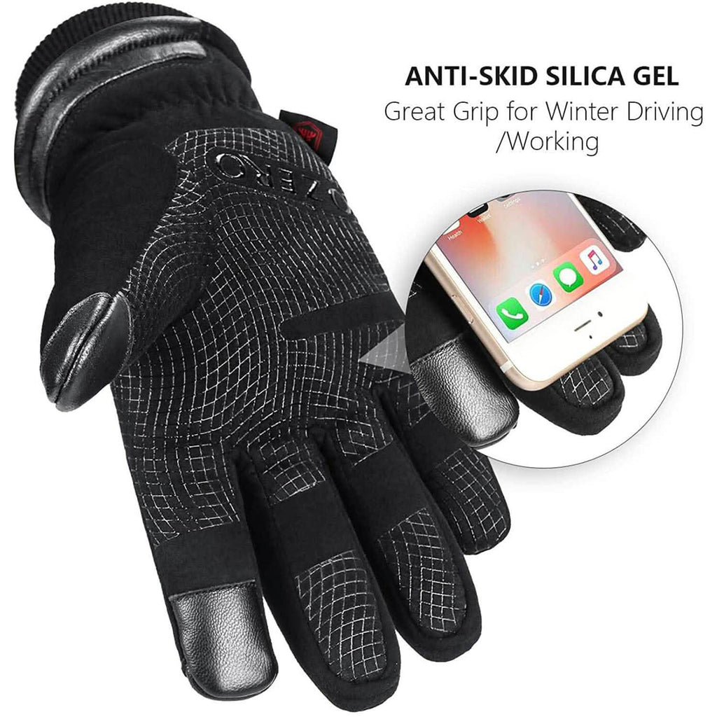 Black winter gloves with non-skid silicone gel grip on the palm