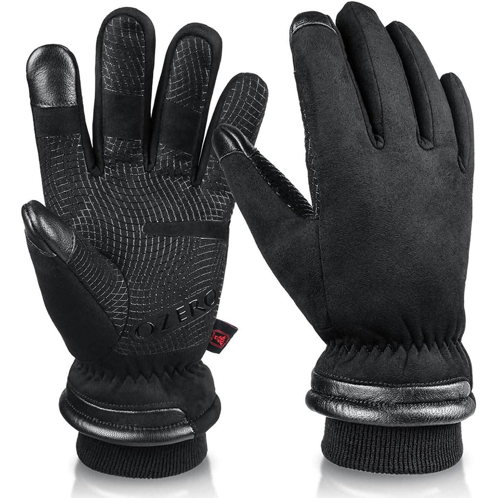 Black waterproof winter gloves with textured palm and snug knit cuffs