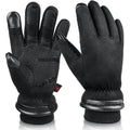 Black waterproof winter gloves with textured palm and snug knit cuffs