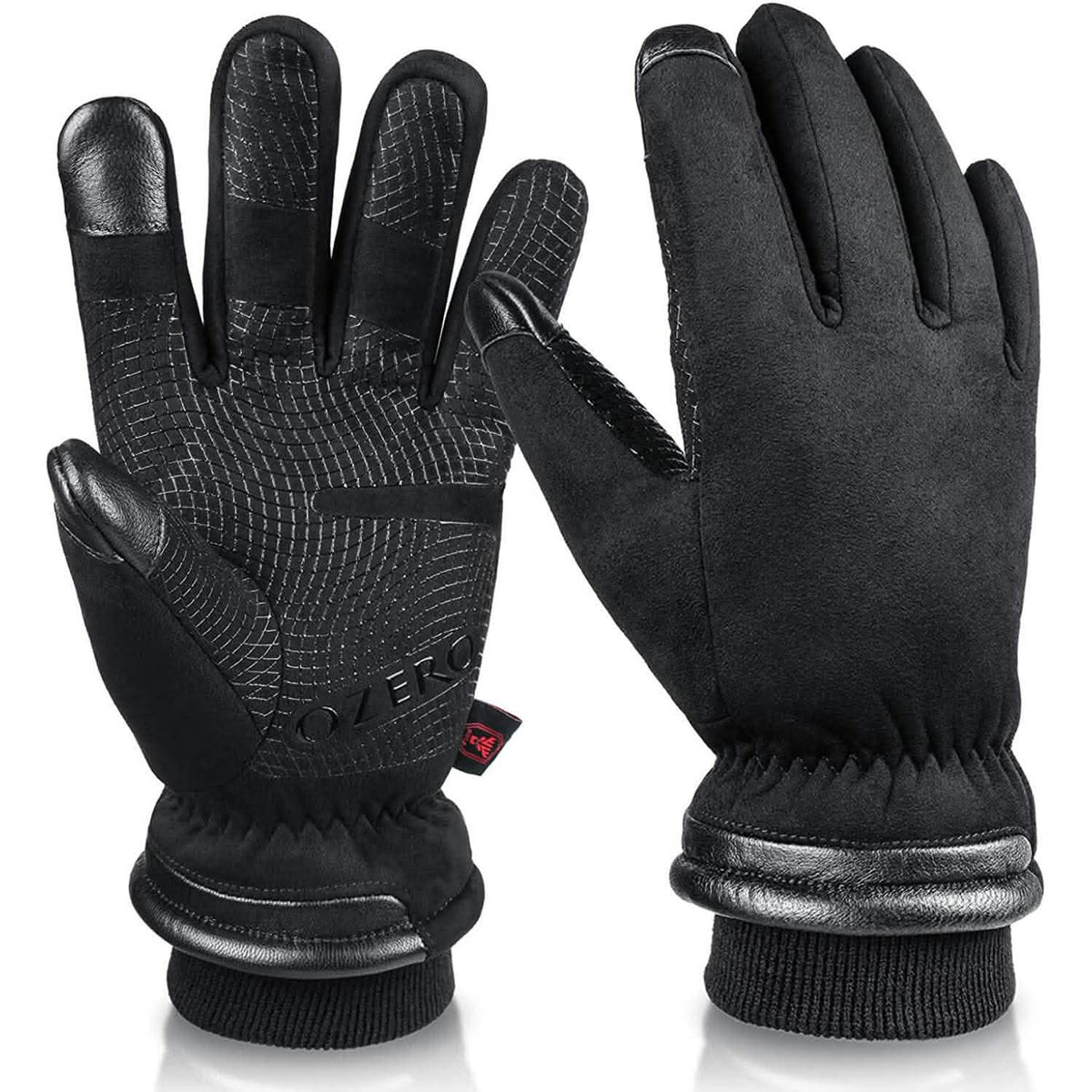 Black waterproof winter gloves with textured palm and snug knit cuffs