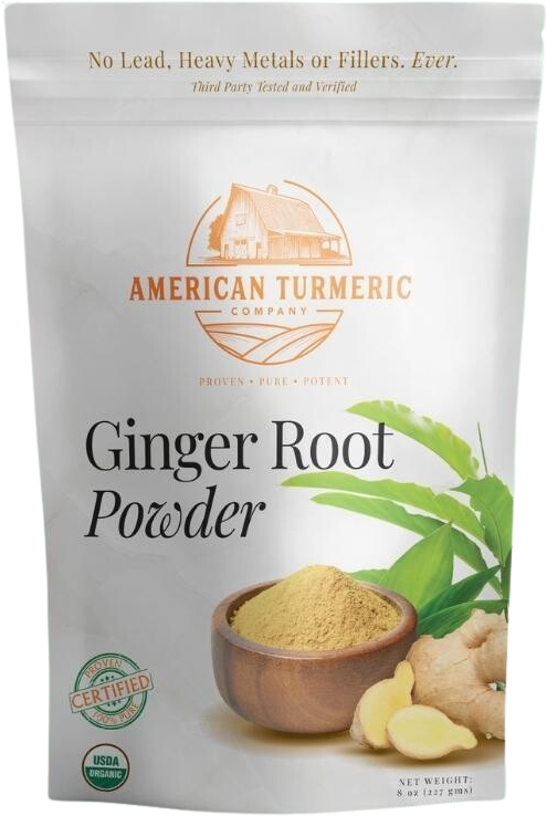 Ginger root powder pouch with bowl of light tan powder and ginger slices.