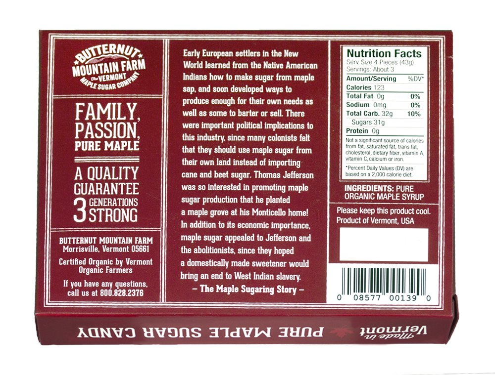 Back panel of pure maple sugar candy box with brand, story text, and nutrition box