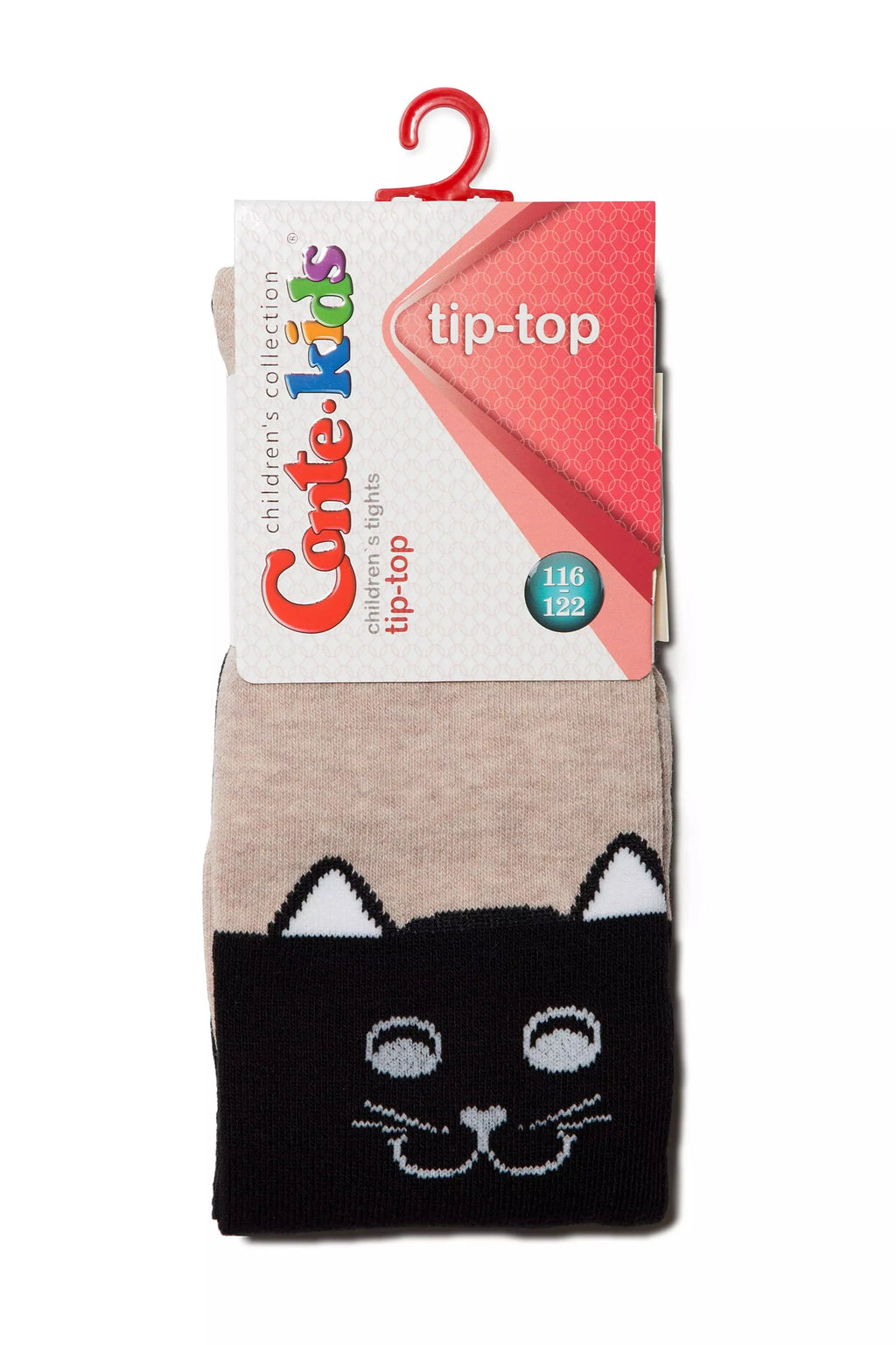Kids' cotton tights, beige top and black cat-face design; tip-top size 116-122