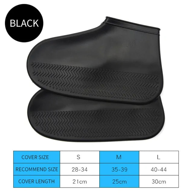 Black silicone waterproof shoe cover boots, two-boot set with grippy tread pattern