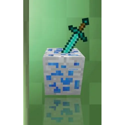 Minecraft-themed ruled notebook with blue pixel cube and pickaxe cover art