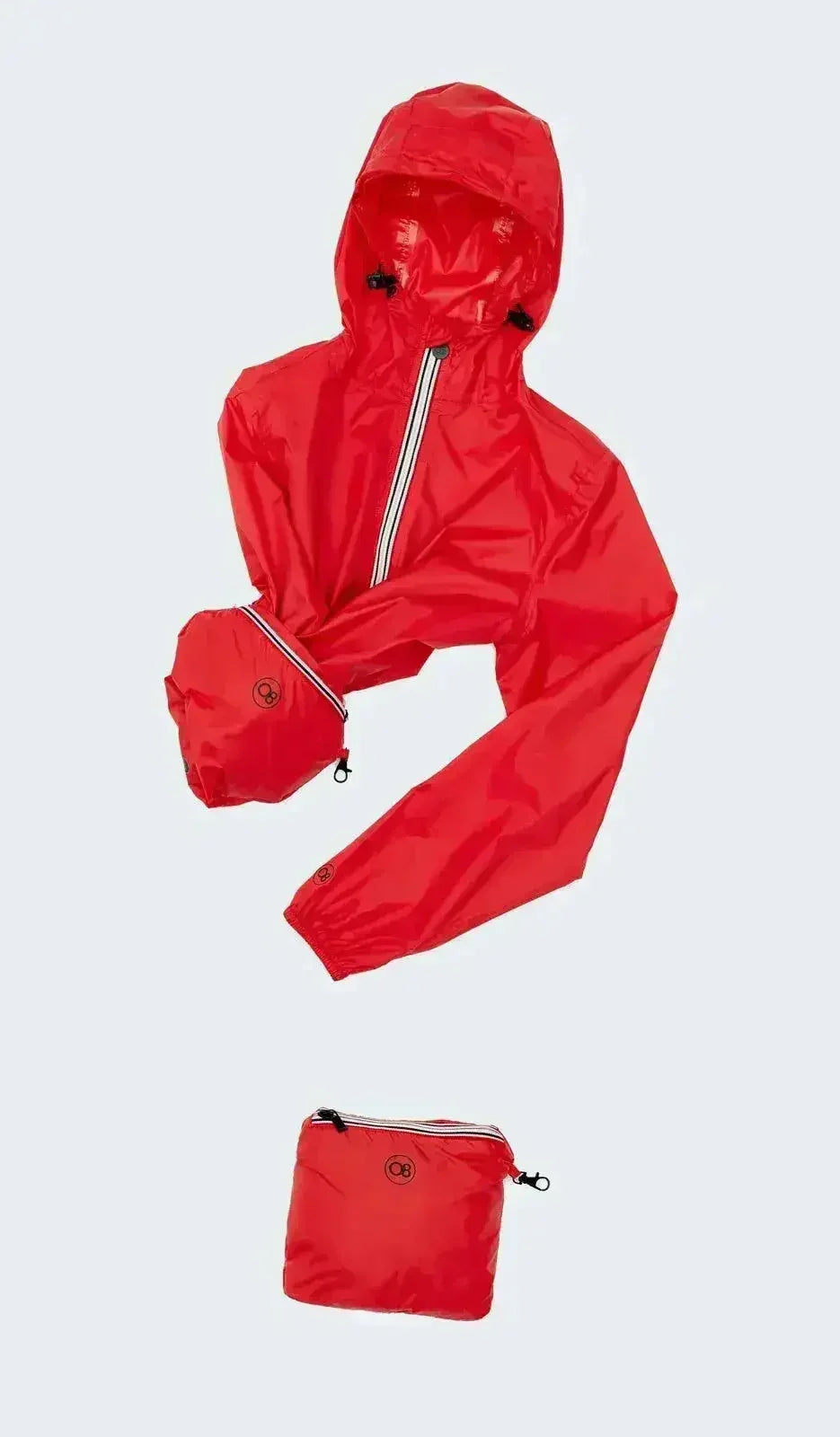 Women’s red packable rain jacket with hood, full-zip front, and storage pouch
