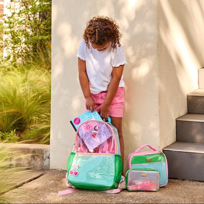 Clear color block jelly backpack and matching pouch set, aqua green with pink accents