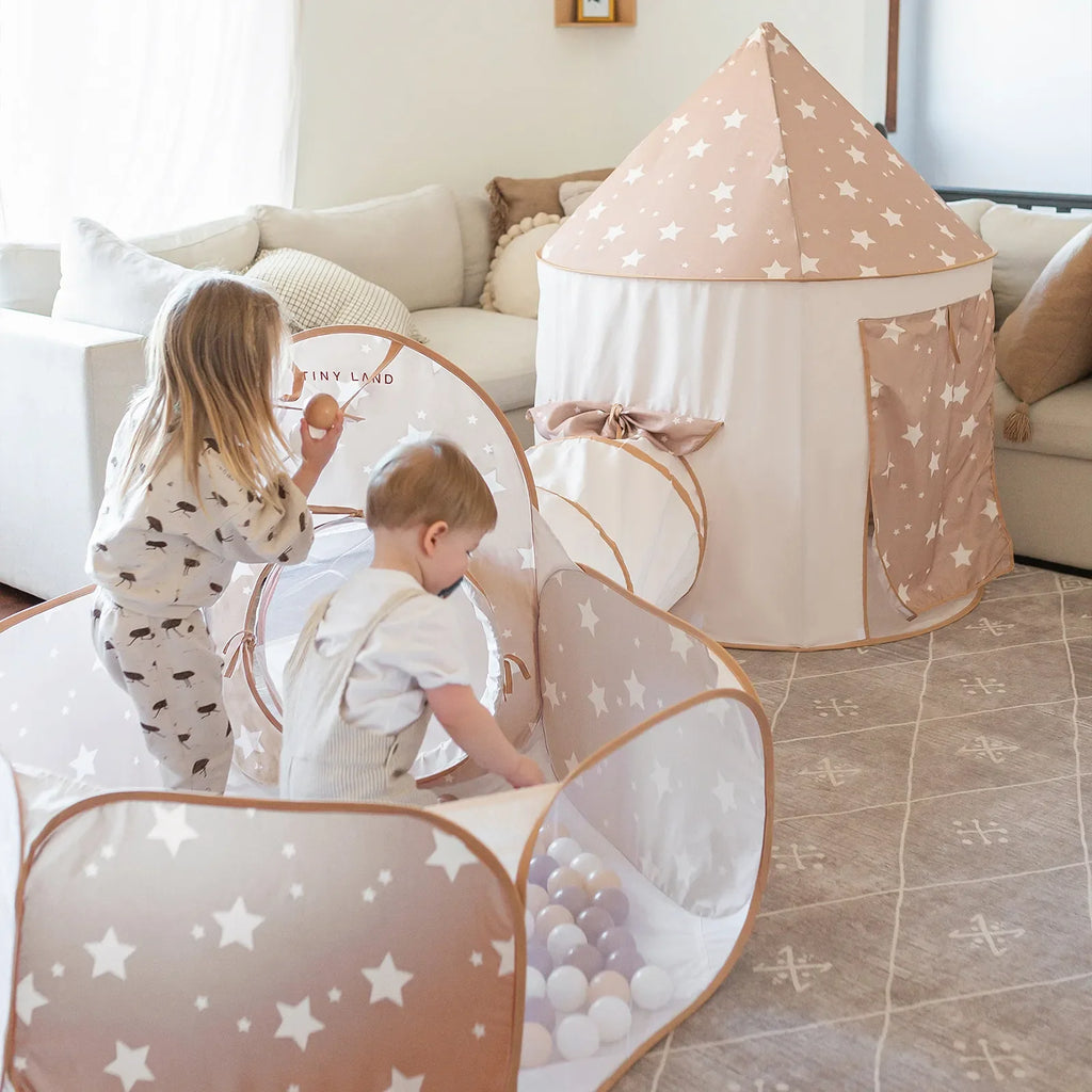 Star-print play tunnel and tent with rounded door, light tan and white fabric