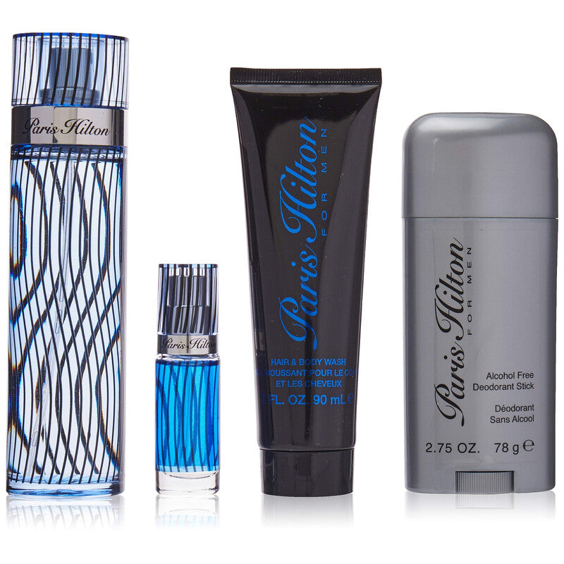 Men's Paris Hilton fragrance gift set: EDT spray, mini spray, body wash, deodorant stick