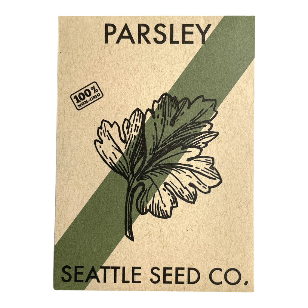 Parsley seed packet with dark green corner and kraft background, parsley illustration