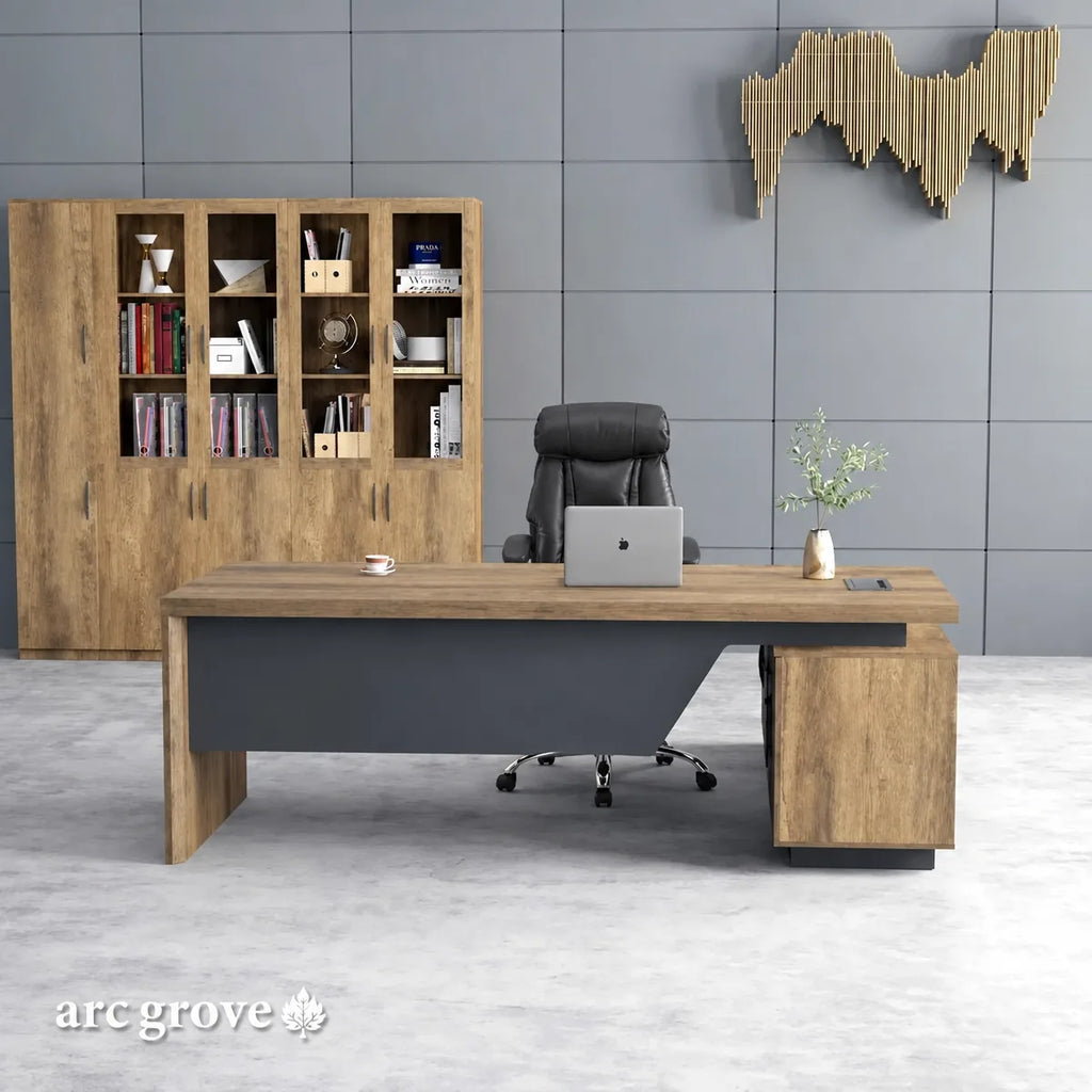 Brown oak executive desk with side return and open shelf cabinet backdrop