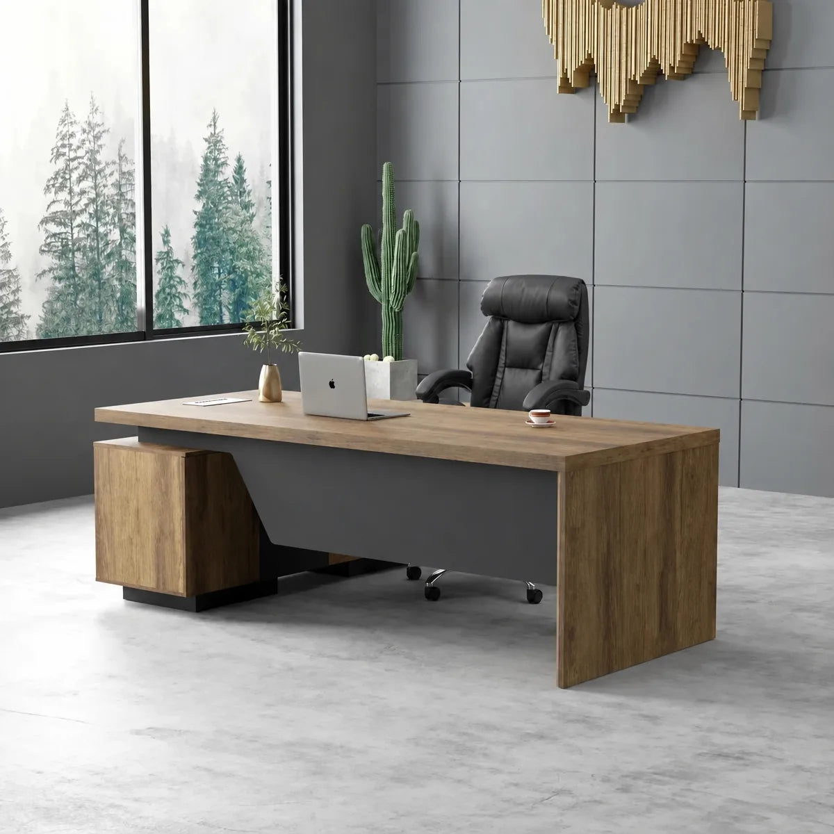 Brown oak L-shaped executive desk with side return and central black base panel