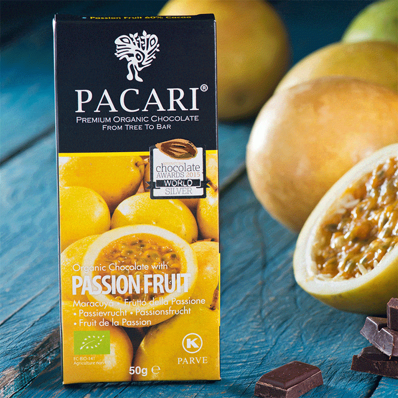 Pacari organic chocolate bar box with passion fruit artwork, 50 g