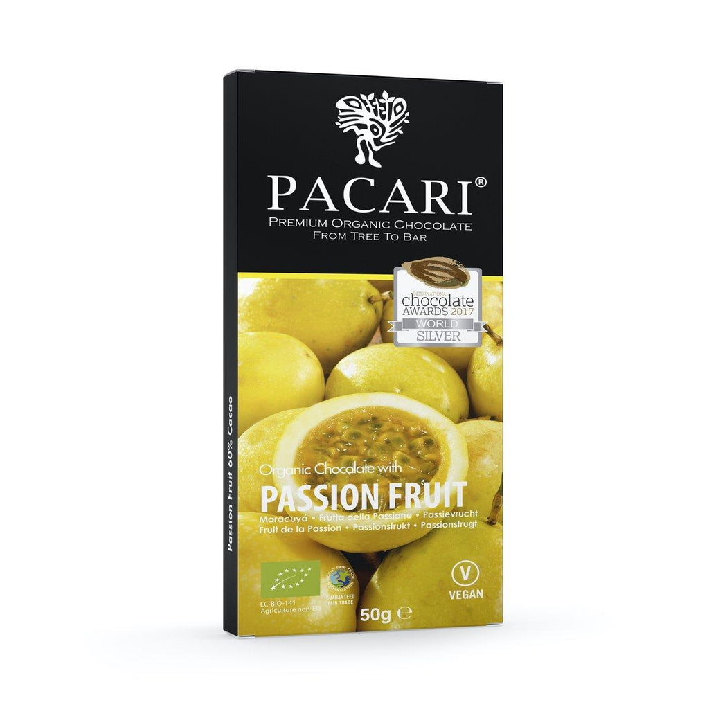 Pacari premium organic chocolate bar box with passion fruit flavor, 50 g