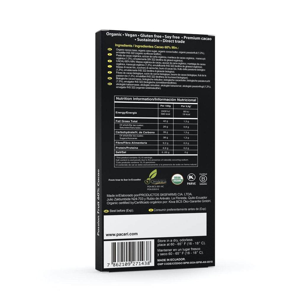 Pacari passion fruit organic chocolate bar box back with ingredients and nutrition info