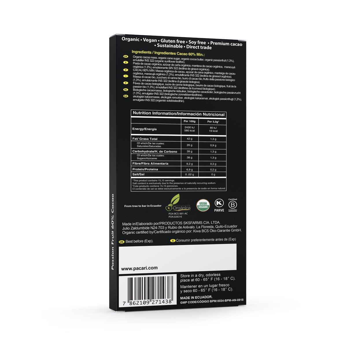 Pacari passion fruit organic chocolate bar box back with ingredients and nutrition info