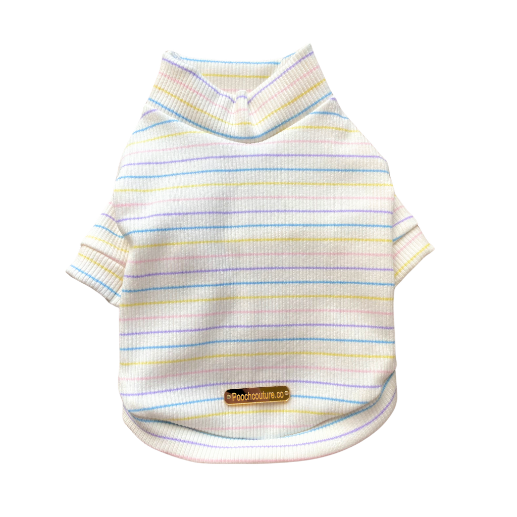Pastel striped dog turtleneck sweater with ribbed high collar and short sleeves