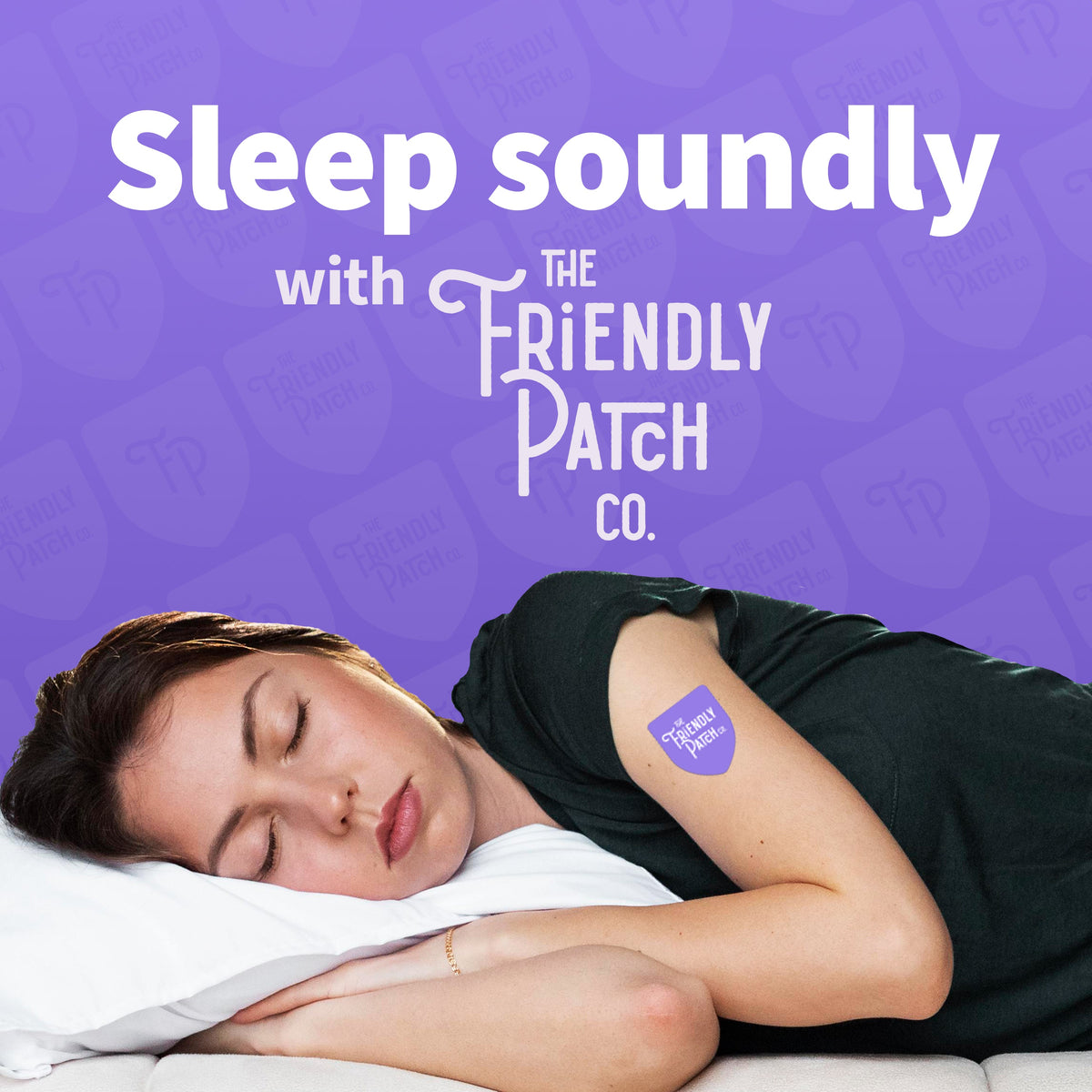 Sleep patch on a sleeping person’s back with The Friendly Patch Co. purple label.