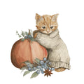 Cozy autumn cats fabric panel with tabby cat, pumpkin, berries, and leaves illustration