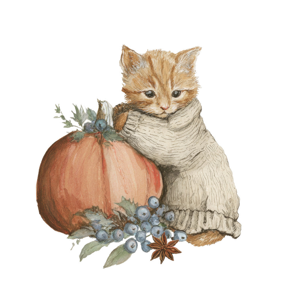 Cozy autumn cats fabric panel with tabby cat, pumpkin, berries, and leaves illustration