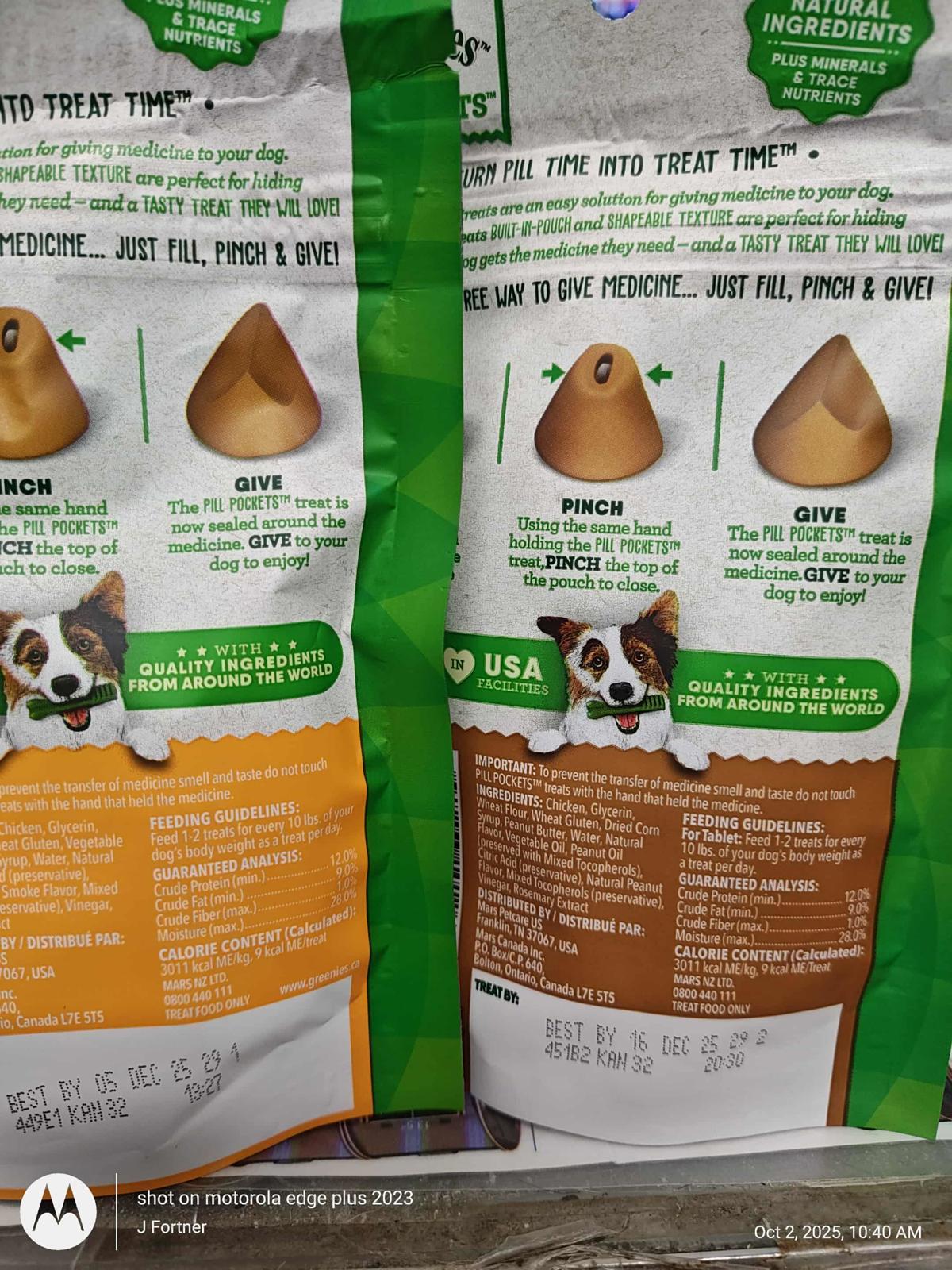 Greenies Pill Pockets pouch back with feeding directions for tablet-size treats