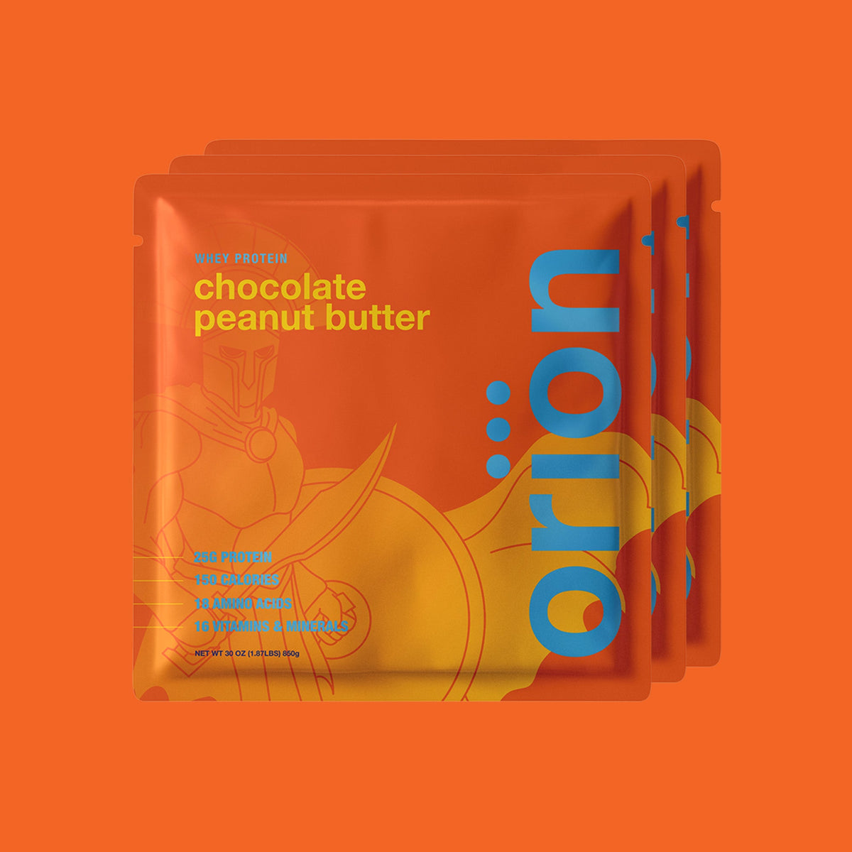 Orange protein sample packs labeled chocolate peanut butter