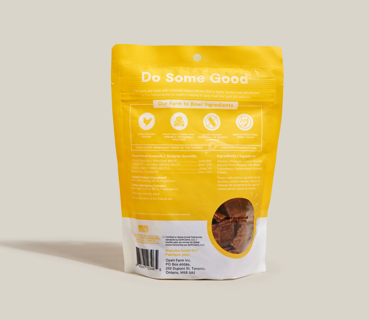 Open Farm chicken dehydrated dog treats pouch, back panel with ingredients and barcode