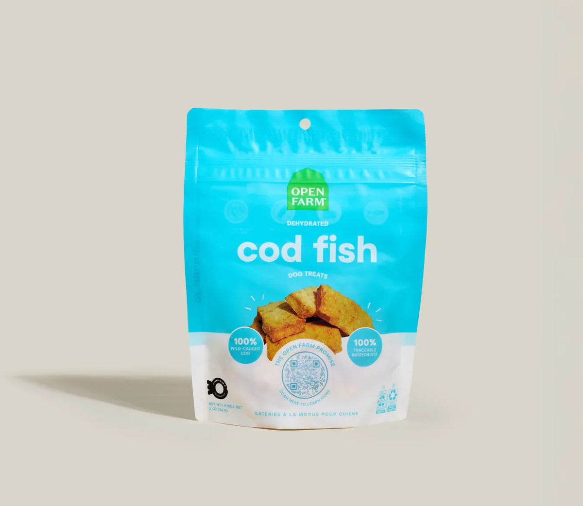 Dehydrated cod fish dog treat pouch, blue and white package