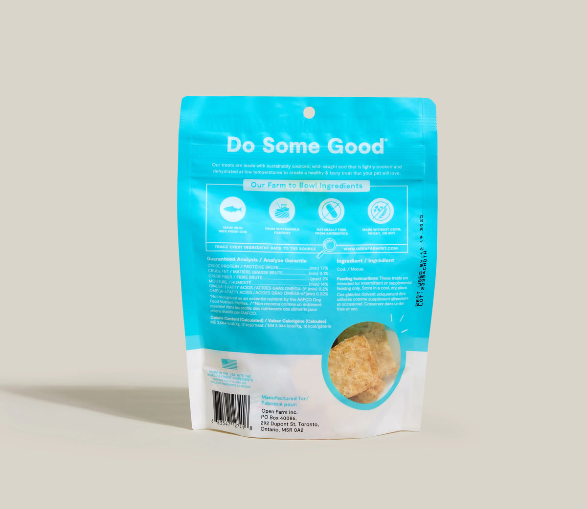 Back view of dehydrated cod fish dog treat pouch with ingredient panel