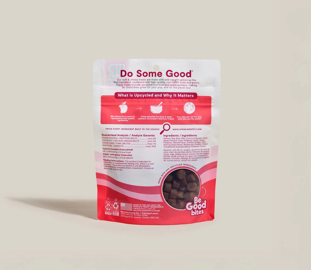 Be Good Bites salmon dog treat pouch, back label with ingredients & feeding