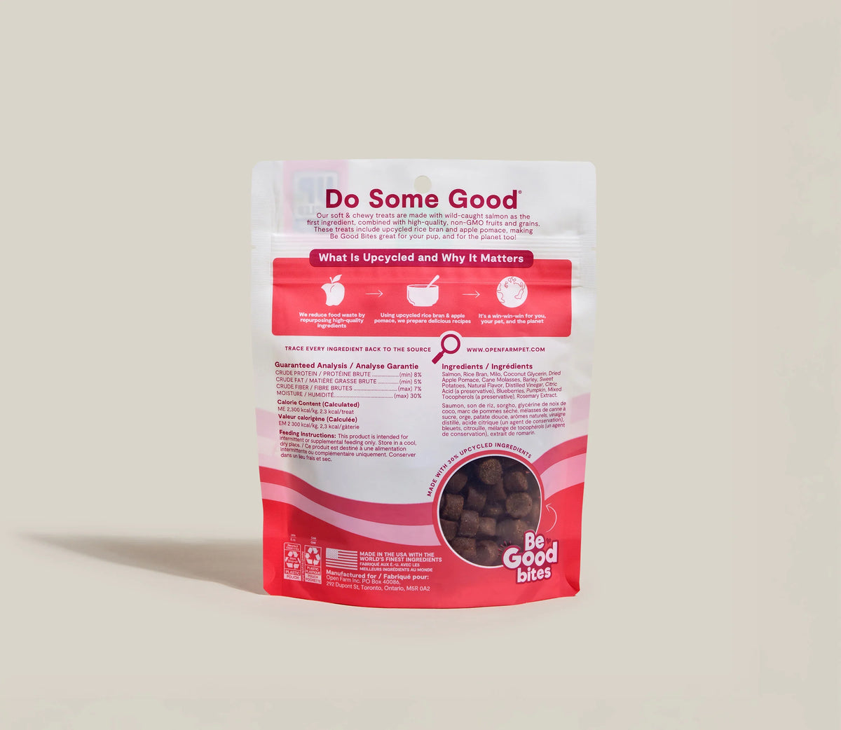 Be Good Bites salmon dog treat pouch, back label with ingredients & feeding