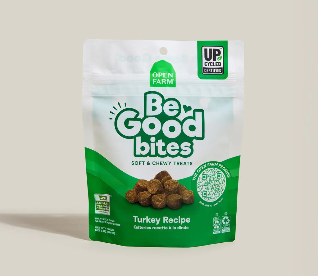 Turkey recipe dog treat bag, soft chewy Be Good bites with Open Farm branding
