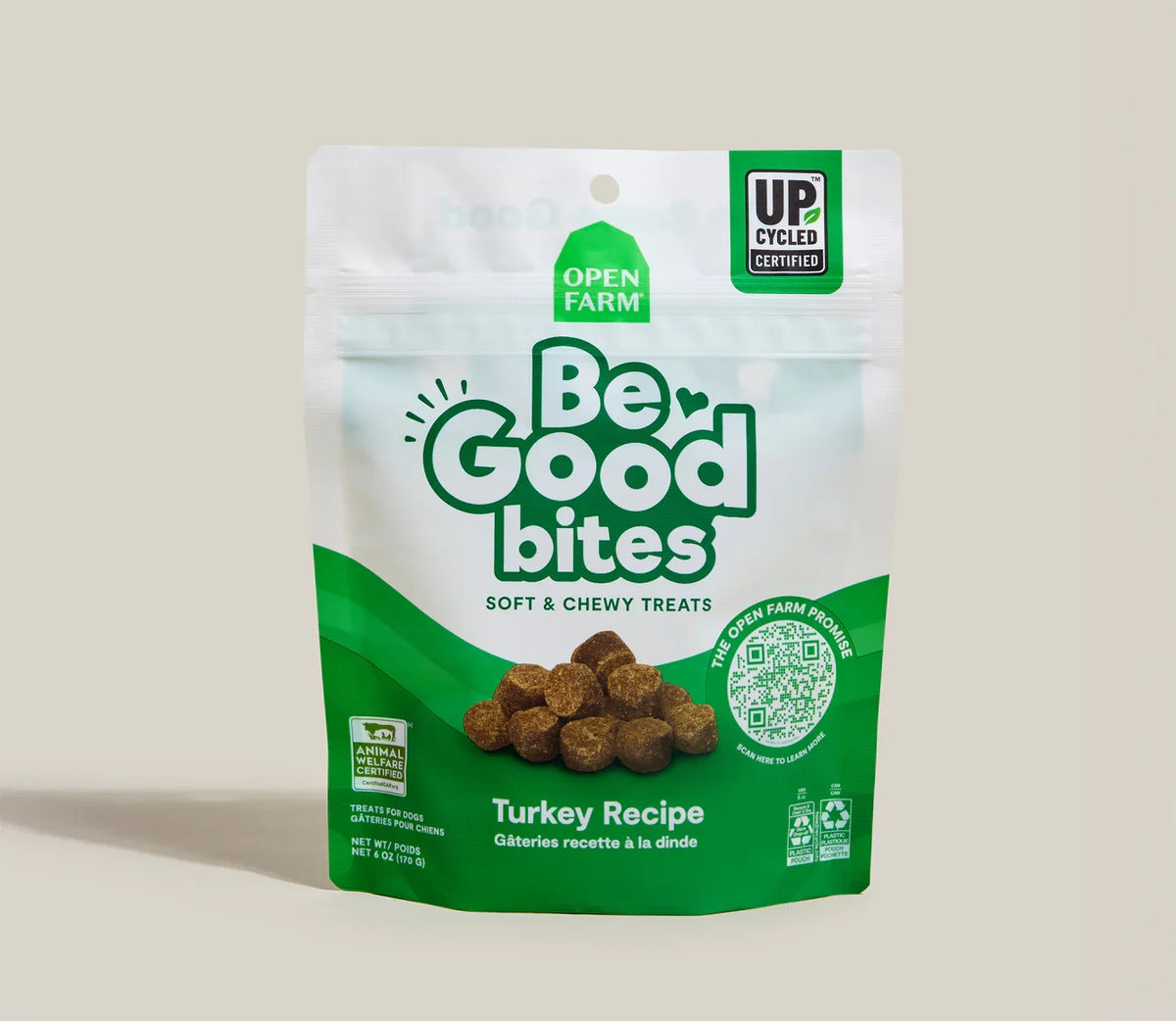 Turkey recipe dog treat bag, soft chewy Be Good bites with Open Farm branding