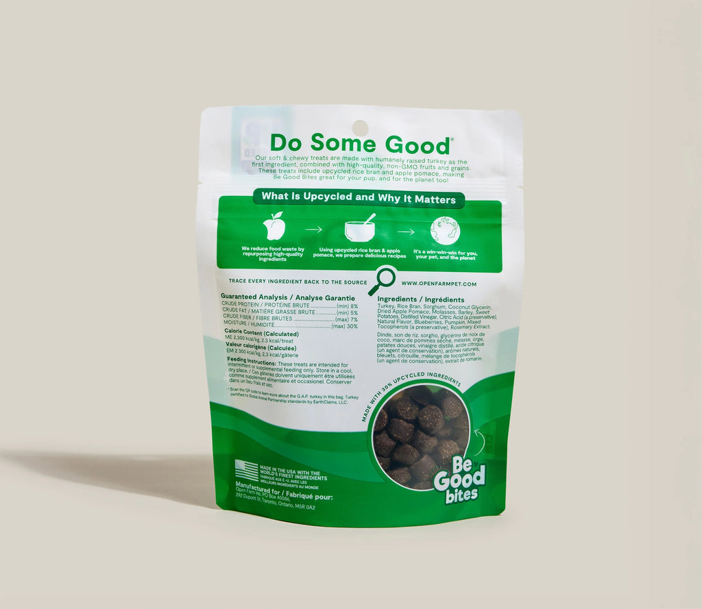 Back of Open Farm Be Good bites dog treat bag with upcycled ingredients details