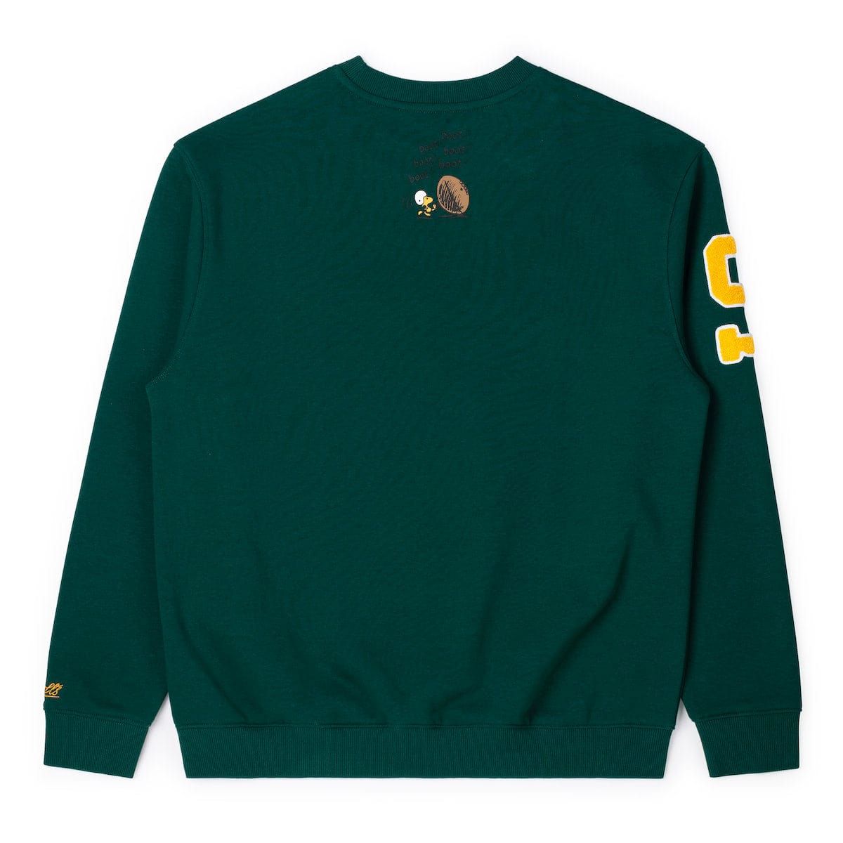 Green crewneck sweatshirt, back view with small Peanuts emblem and side sleeve print