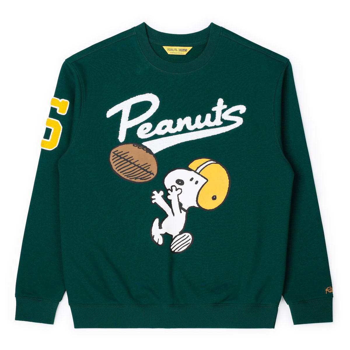 Green crewneck sweatshirt with Peanuts graphic and Snoopy scoring scene